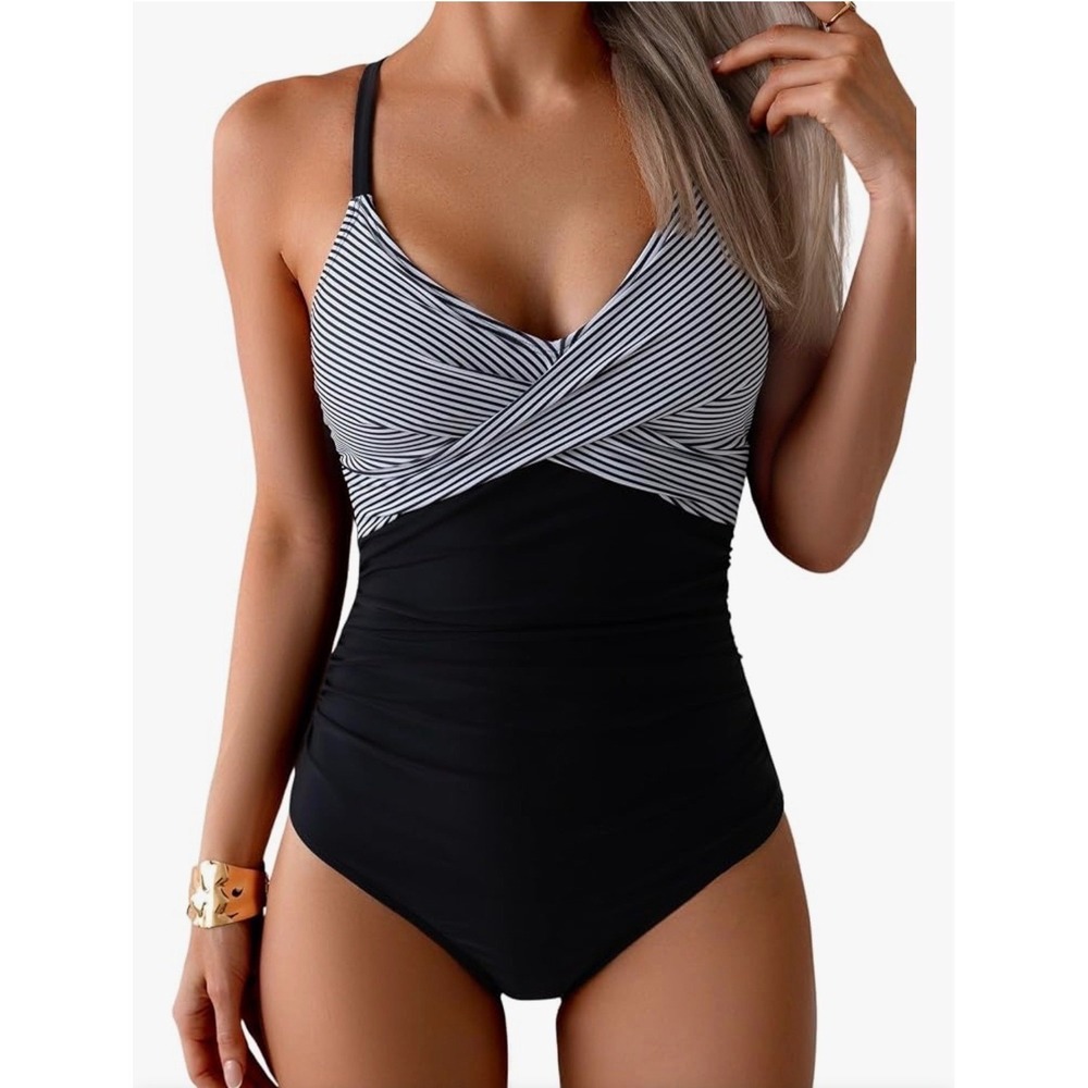 Women Striped Wrap One Piece Swimsuit Black White Ruched Monokini Small